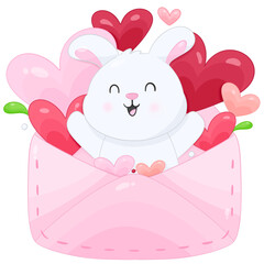 Cartoon rabbit in envelope and red heart , element valentines day