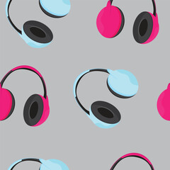 Seamless texture with color headphones on a gray background.Headphones pattern.Pink and blue earphones.