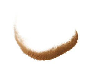 Abstract cloud fly. Yellow colored sand bend throwing curve circle in Air. Golden grain wave explode. Fine Sand circle around, White background Isolated throwing particle element object