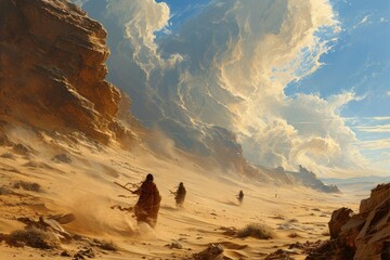 Whirling sandstorm nomads, wandering the desert in search of lost treasures - Generative AI - obrazy, fototapety, plakaty