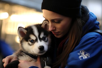 girl veterinarian in a blue uniform hugs a Husky puppy in a veterinary clinic,animal shelter