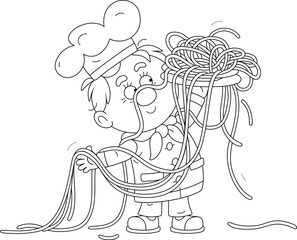 Funny young cook in a chef hat holding a platter with freshly cooked very long spaghetti, black and white outline vector cartoon illustration for a coloring book