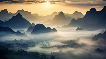 Papier Peint photo autocollant Guilin sunrise over mountains