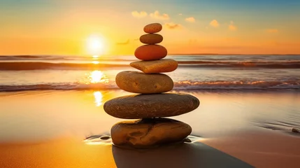 Fototapeten zen stones on the beach Against the background of waves and the shining sun. © BetterPhoto