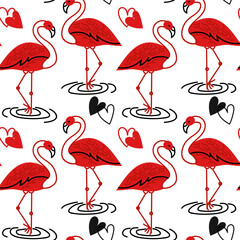 Obraz premium Pattern of red doodles with two flamingos is flat. Cute red flamingo doodle with a black heart. Seamless vector pattern for Valentine's Day. Repeating seamless pattern with colorful animals and birds
