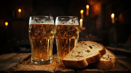 Mugs of beer with sliced bread on the table. Close-up. Bread kvass. - obrazy, fototapety, plakaty