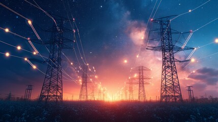Group of Electrical Towers in the Sky, A Glimpse of Urban Infrastructure - obrazy, fototapety, plakaty