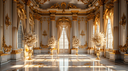 A classic extravagant European style palace room with gold decorations. Realistic illustration. wide format, Hand edited generative AI. - obrazy, fototapety, plakaty