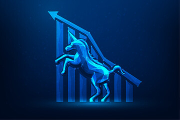 business unicorn startup to success technology on blue background. business achievement low poly wireframe. creative idea and innovation company. venture capital to wealth. © Yellow duck