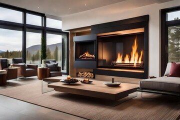 A modern interior design with a natural fire elegantly enclosed behind a glass door in a fireside.