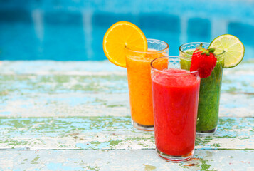 Assortment of fruit and vegetables smoothies Health or detox diet food concept.