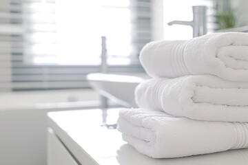 Fototapeta na wymiar Stack of white towels on table in bathroom. A stylish image of a modern hotel bathtub
