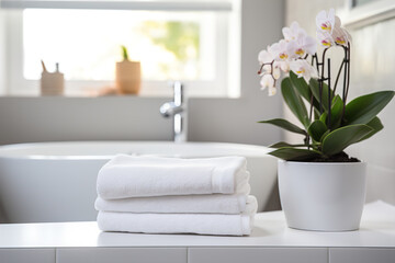 Stack of white towels on table in bathroom. A stylish image of a modern hotel bathtub