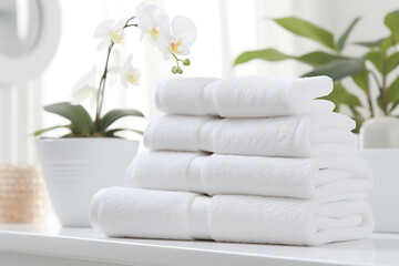 Fototapeta na wymiar Stack of white towels on table in bathroom. A stylish image of a modern hotel bathtub