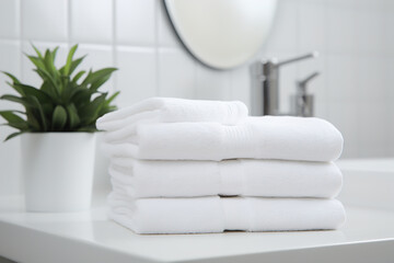 Stack of white towels on table in bathroom. A stylish image of a modern hotel bathtub