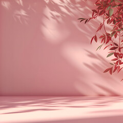 Marble table with leaves shadow on pink wall background