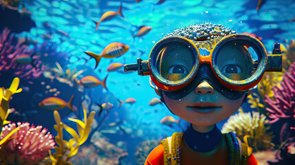 Undersea Odyssey: Curious Explorer with Goggles Encounters Animated Sea Creatures and Unveils the Wonders of an Enchanting Underwater Wonderland - 3D Animated Model