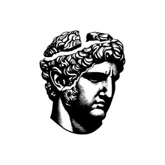 cracked statue head of greek sculpture sketch engraving style vector illustration. greek silhouette
