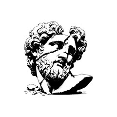 cracked statue head of greek sculpture sketch engraving style vector illustration. greek silhouette