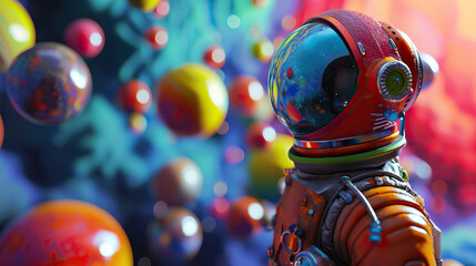 Cosmic Discovery Quest: Inquisitive Space Explorer with Helmet Ventures into the Unknown, Encountering Animated Planets and Making Friends with Friendly Extraterrestrial Beings - 3D Animated Model