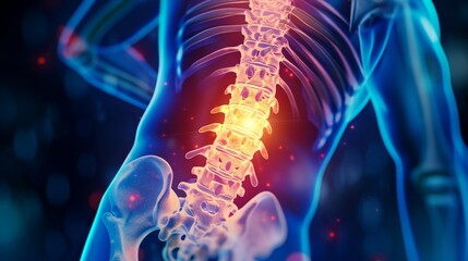 Person suffering from severe back pain, 3d rendered illustration of a painful back. - obrazy, fototapety, plakaty