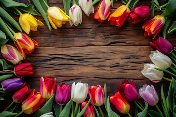 Colorful tulips as a frame on a brown wooden table.