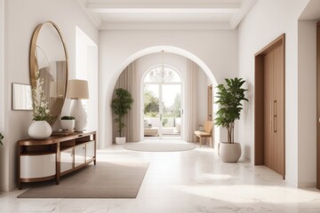 Interior home design of modern entrance hall with home furniture and stair houseplants in the villa