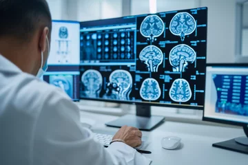 Poster A neurologist doctor analyses the patient's MRI scan, diagnosing the brain in a medical hospital.  © AIExplosion