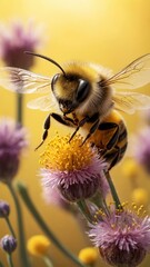 colorful illustration of a fluffy, fluffy bee with transparent wings collecting flower pollen against a bright yellow background, generative, AI