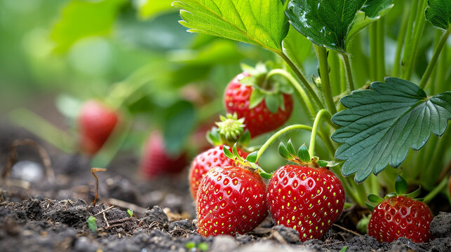 Strawberries growing in the garden, selective focus. Generative AI,