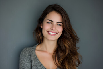 Fototapeta premium A woman with long hair is smiling and wearing a grey sweater