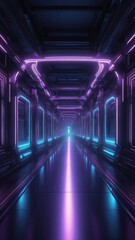 illustration of abstract background of futuristic corridor with purple and blue neon lights, generative, AI