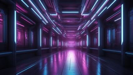 illustration of abstract background of futuristic corridor with purple and blue neon lights, generative, AI