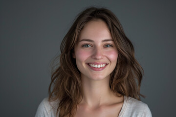 Fototapeta premium A woman with long brown hair is smiling for the camera