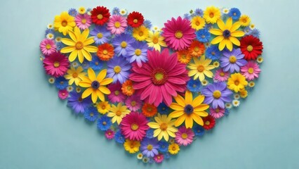 Top view arrangement of colorful flowers with heart shape placed on  background. generative, AI