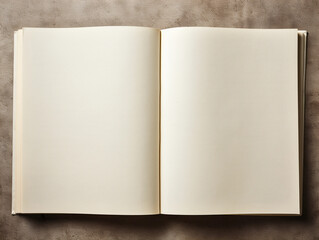 Open book, blank page, top down view, flat background 