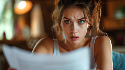 Fototapeta premium Shocked Woman Assessing Financial Responsibilities - Reaction to Incredible News