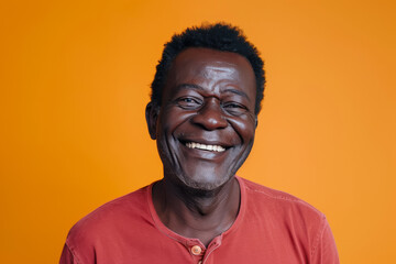 A man in a red shirt is smiling in front of an orange background