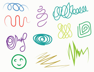 Set of colored lines Collection of doodles and shapes drawn by hand. pencil lines and drawings vector.