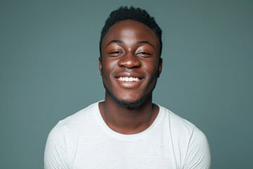 A man in a white shirt is smiling with his eyes closed