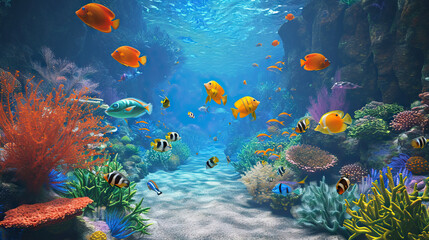 Fototapeta na wymiar Magical School of Fish Swimming Amidst a Vibrant Coral Reef, Creating an Animated Spectacle in the Mystical Depths of the Ocean 3D Model