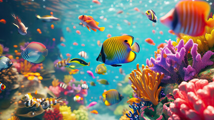 Obraz na płótnie Canvas Magical School of Fish Swimming Amidst a Vibrant Coral Reef, Creating an Animated Spectacle in the Mystical Depths of the Ocean 3D Model