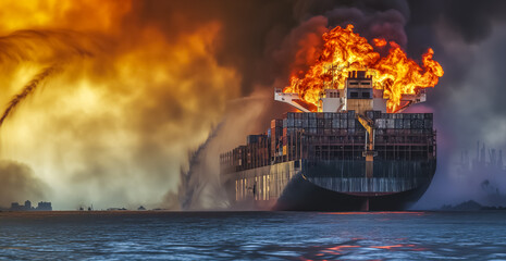 The ship in fire. Large general cargo ship for logistic import export goods the explosion and had a lot of fire and smoke at sea - obrazy, fototapety, plakaty