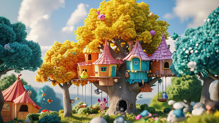 Treehouse Harmony: 3D Model of a Lively Village Among the Treetops, Animated Animals and Birds Living in Harmony with Playful Tree Swings, Creating a Delightful and Playful Atmosphere