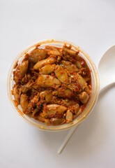 Pinrang, South Sulawesi Indonesia.
Stir-fried baby squid stored in a jar on a white background.
January 21 2024