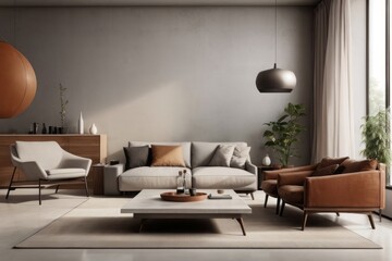 Interior home design of modern living room with sofa, table and wooden furniture and houseplants near the window