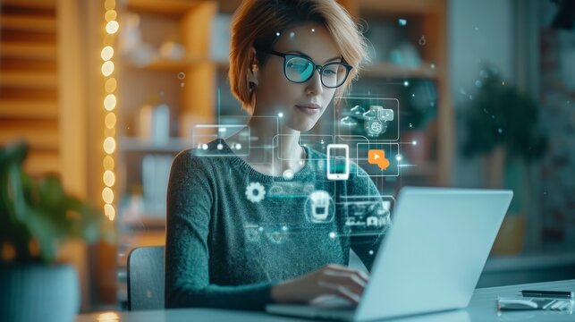 Woman Sitting at Table Using Laptop Computer for Work or Study