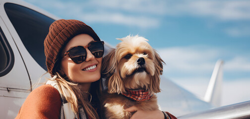 smiling young woman in sunglasses hugging fluffy red bearded dog against the background of an airplane traveling with pets