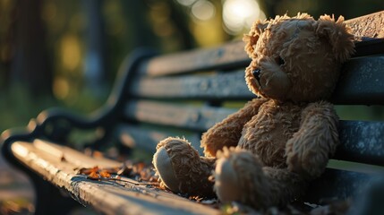 A scene of a lonely teddy bear abandoned on a park bench. Created with Generative Ai technology.
