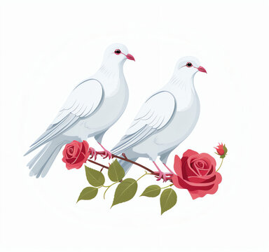 a pair of doves perched on a rose stem as a symbol of affection. valentine days for greeting cards, posters, or social media